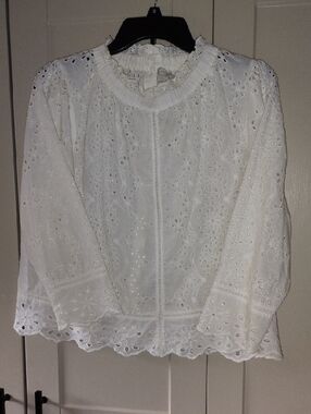 White Eyelet Lace Blouse with Ruffle Neck